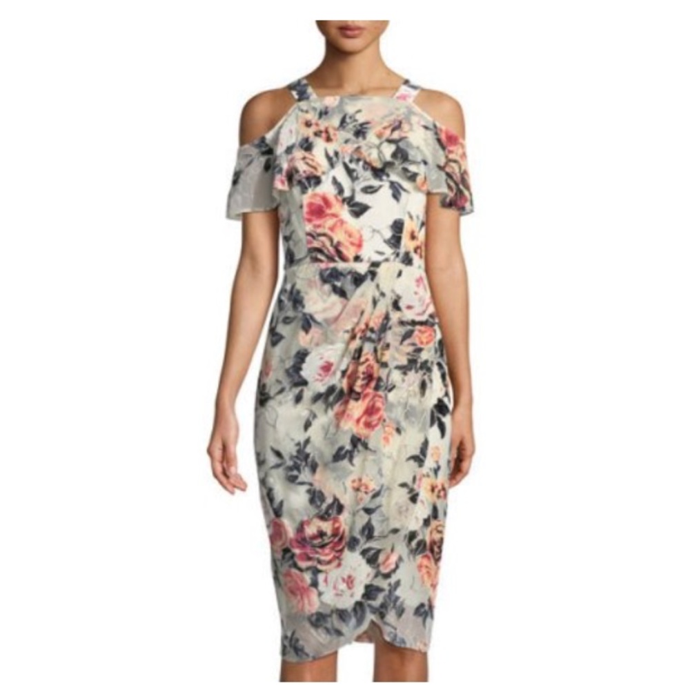 Velvet floral pattern cold shoulder dress, size 4